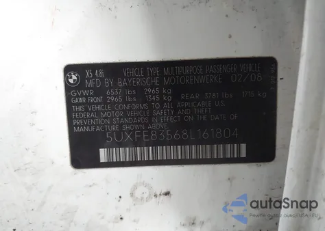 2008 BMW X5 4.8I z USA, uszkodzony, nr VIN 5UXFE83568L161804